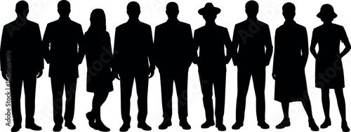 Silhouettes of people standing in a row on transparent background