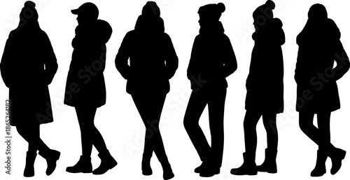 Silhouettes of six women in various poses and outfits standing side by side