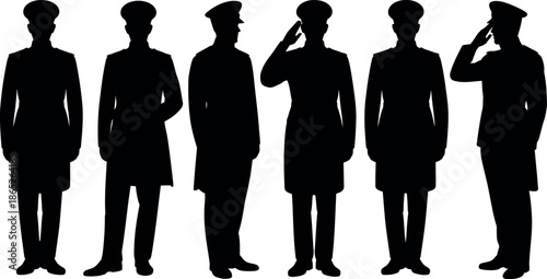 Silhouettes of six men in military uniforms standing in various poses