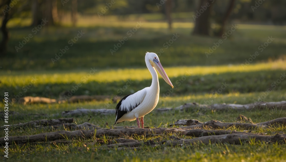 Obraz premium White pelican resting in a park setting with sunlight illuminating it and wood debris nearby, nature habitat