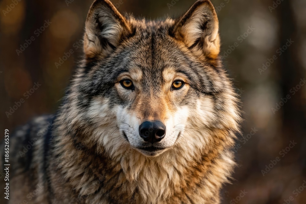 Fototapeta premium Majestic European grey wolf displaying keen animal alertness with detailed head portrait