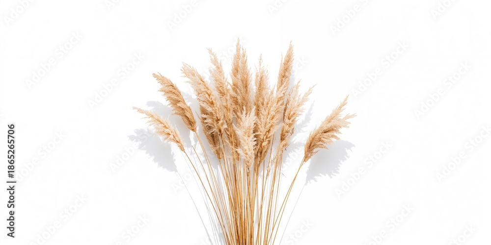 Fototapeta premium Fluffy dry grass flowers of Phragmites set against white background for environmental study, autumn or winter herbs