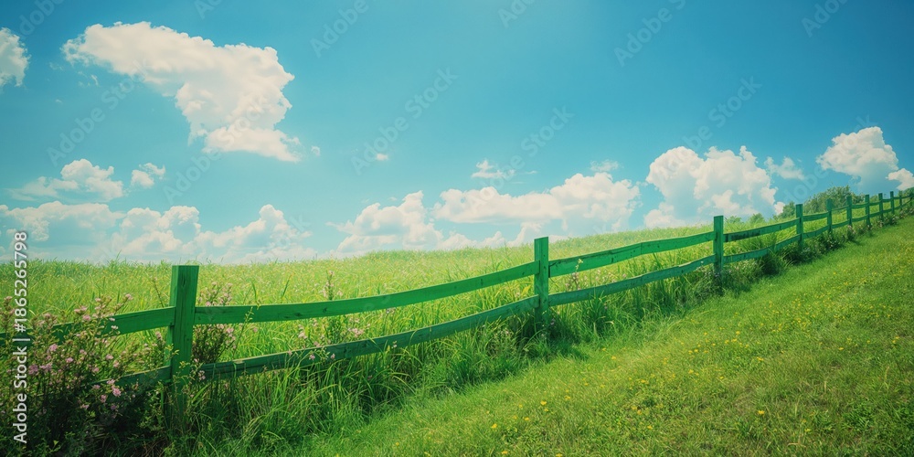 Fototapeta premium Blue sky and green fence in an outdoor setting suitable for editorial header backgrounds, Earth Day