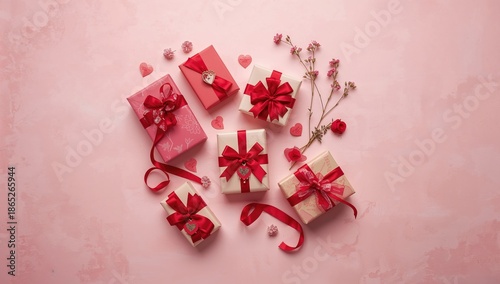 Romantic presents wrapped with red ribbons and featuring heart motifs on a pink backdrop, ideal for love observances and promotional use