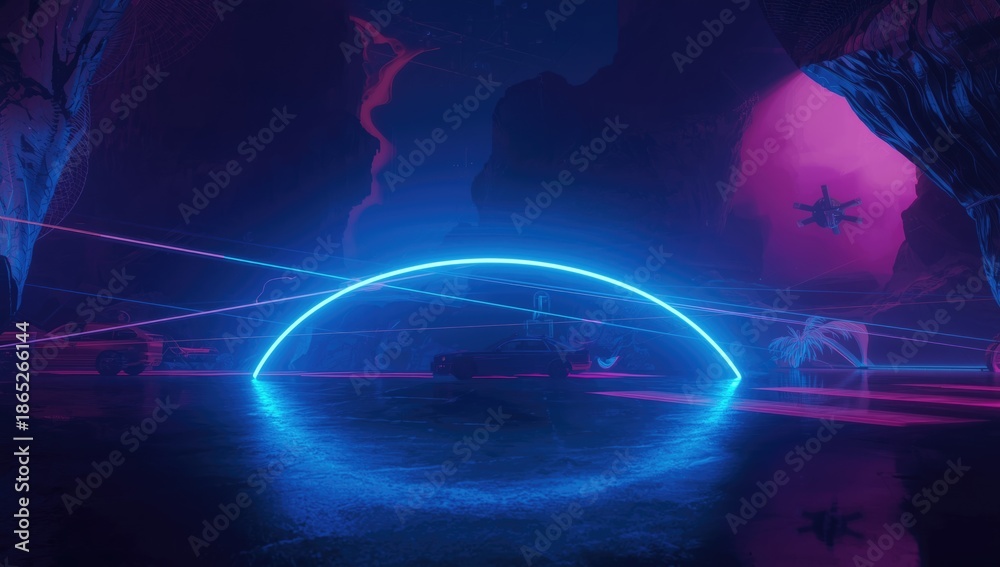 Fototapeta premium Cyberpunk backdrop featuring neon motion strip for UI and editorial use