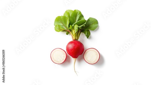 Close-up of a fresh radish with leaves and two halves, highlighting its crispness for food safety analysis