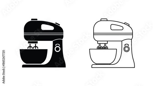 Black and white illustrations of two stand mixers in different styles