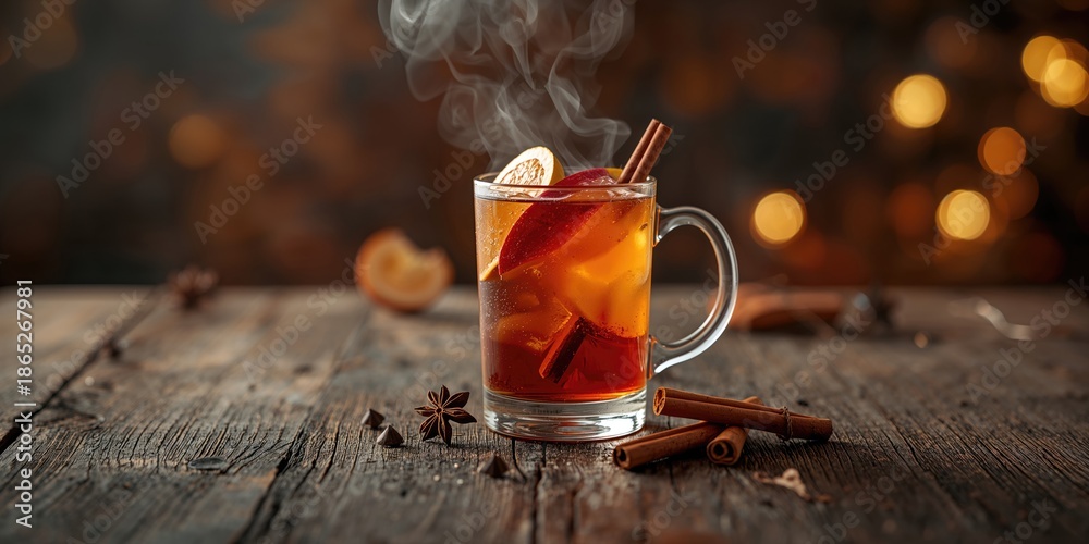 Fototapeta premium Warm spiced drink featuring apple, orange, cinnamon, star anise for winter comfort
