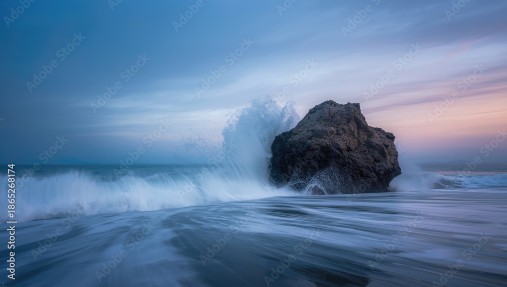 Obraz premium Twilight sea with a breaking wave hitting rocks, highlighting coastal erosion concerns, in a natural beach setting