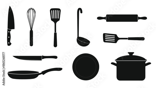 Black silhouette icons of various kitchen tools and cookware displayed neatly