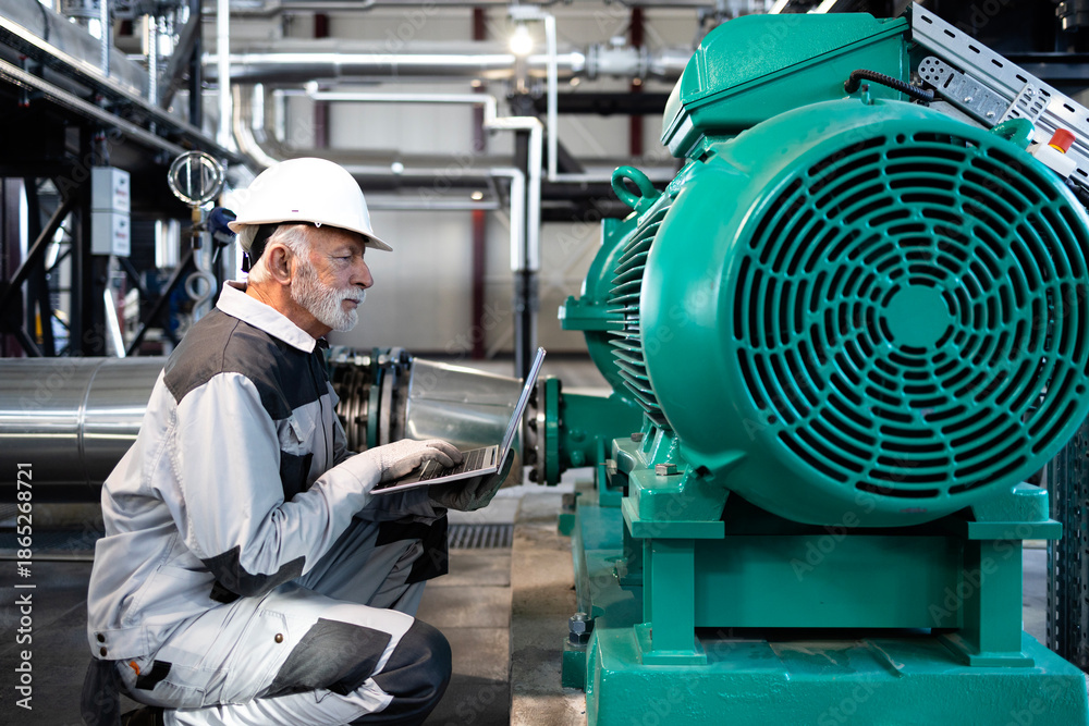 Fototapeta premium Senior engineer checking industrial machinery with laptop