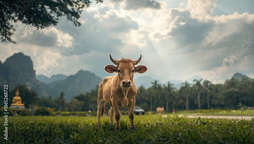A citizen and little bull with eye contact, travel scene, Earth Day