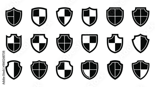 Collection of monochrome heraldic shields with diverse internal designs