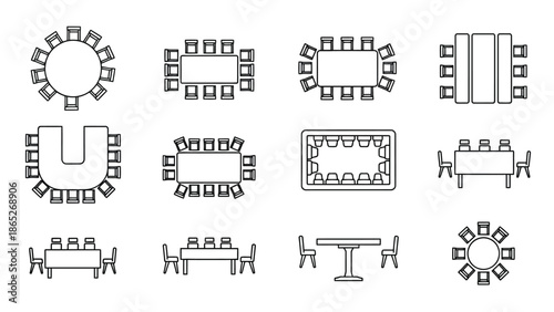 Various table arrangement layouts for different seating and meeting configurations