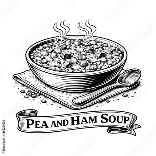 Hearty Split Pea and Ham Soup in Bowl, Vintage Black and White Engraving Style