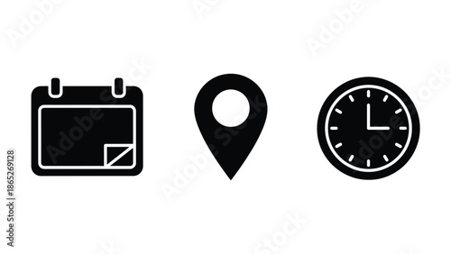 Simple black icons depicting a calendar location pin and a classic clock