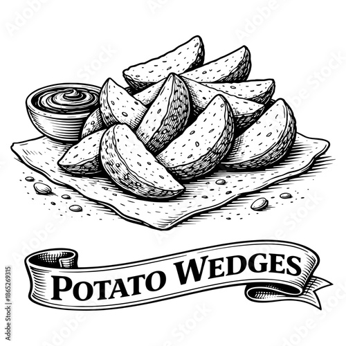 Vintage Engraved Potato Wedges Illustration with Dipping Sauce and Text Banner