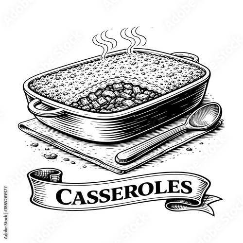 Vintage Engraving of Steaming Casserole Dish with Spoon and Banner