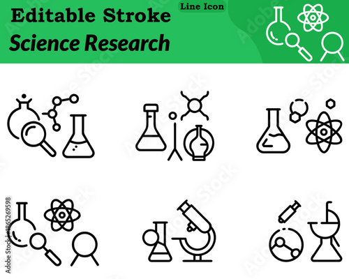 A minimalist science research icon. Showing a microscope combined with a laboratory flask and subtle data molecule symbols. Clean geometric shapes smooth outlines and balanced composition represent.