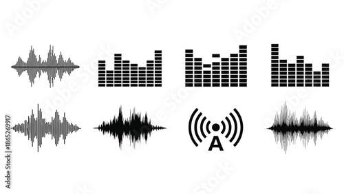 Visual representation of sound waves audio signals and wireless transmission icons