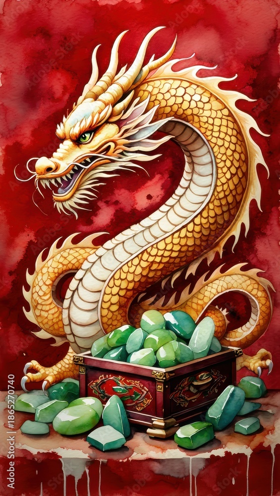 Obraz premium Golden Dragon Guarding Emeralds