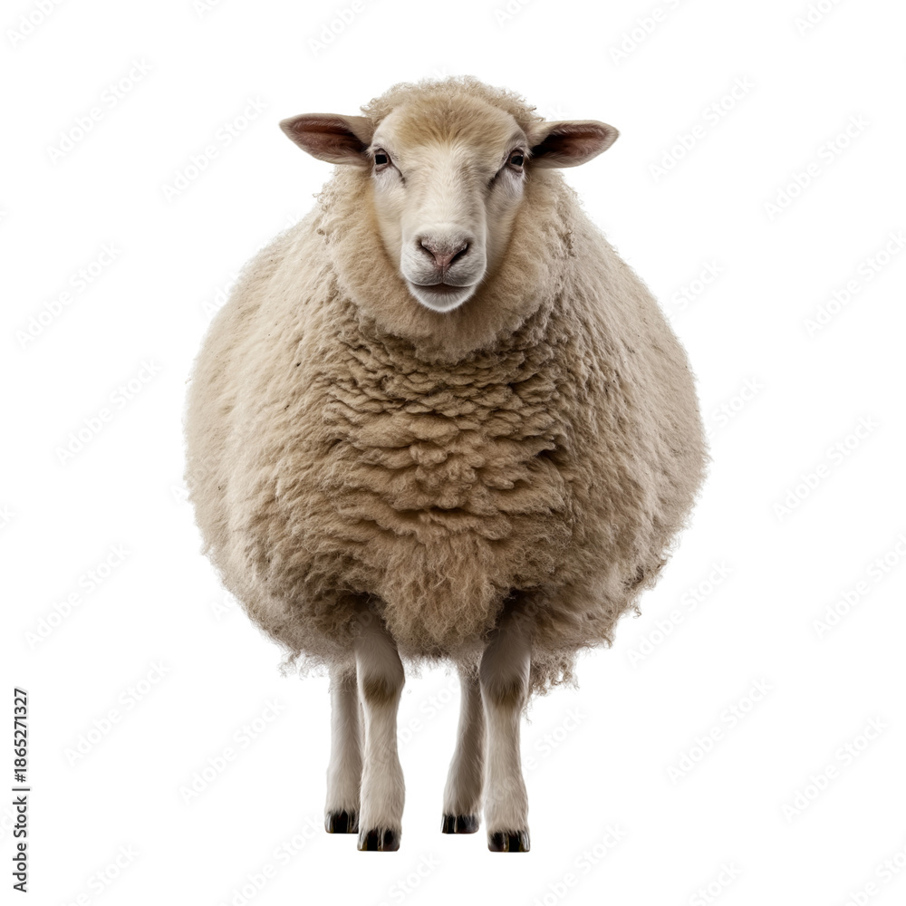 Obraz premium Front view of a fluffy sheep isolated on a transparent background