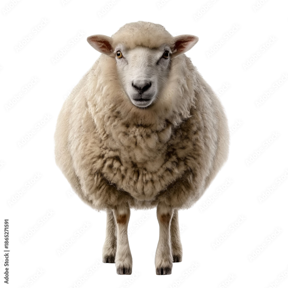Fototapeta premium Front View of a Fluffy White Sheep isolated on a transparent background