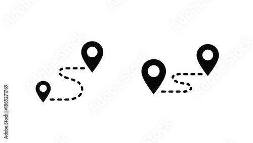 A route depicted by map markers and a dashed line connecting them