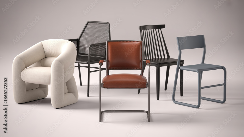 Obraz premium Luxury dining chairs collection in ultra-detailed 8K, elegant fabrics and metals, modern minimalist layout, high-contrast studio lighting, trending furniture visuals