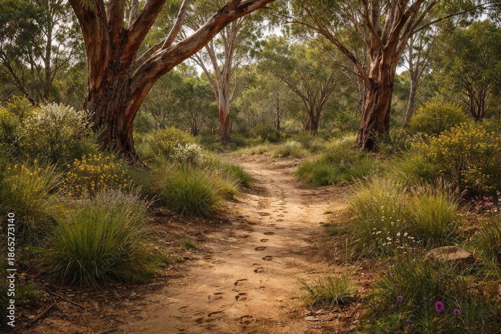 Fototapeta premium Native vegetation under red gum trees with wildlife footprints