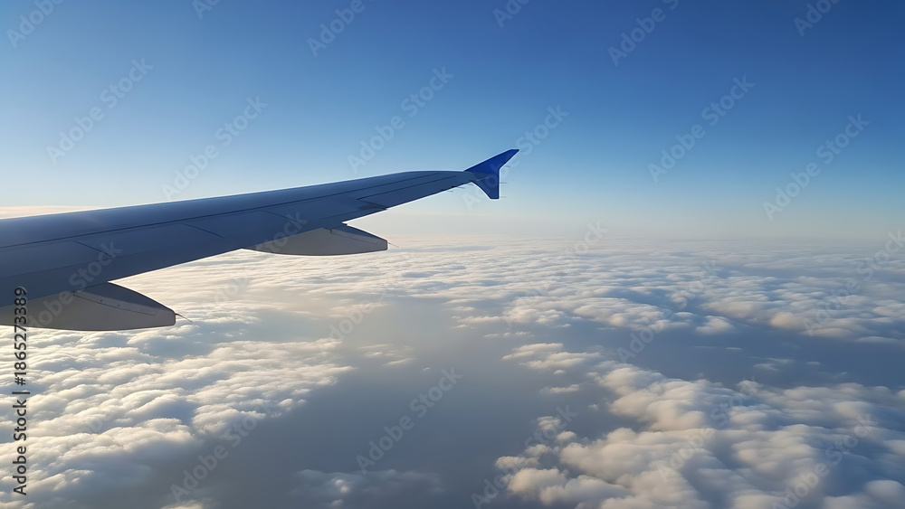 Fototapeta premium Above the clouds a serene aerial view from an airplane window showcasing the vast expanse of the sky and fluffy clouds