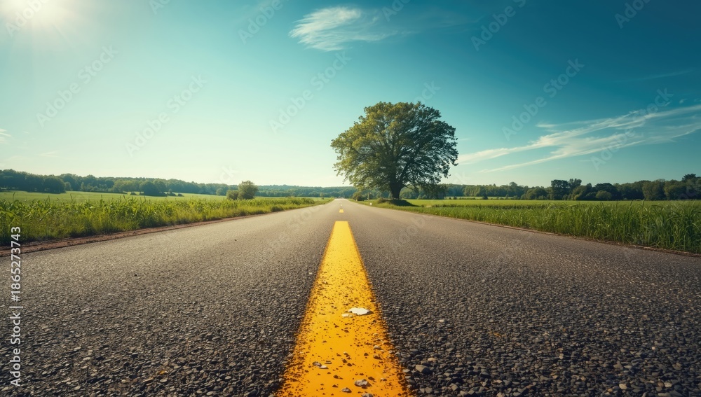Fototapeta premium Road with yellow line markings, summer outdoor setting, travel and nature scene, landscape with trees and land, construction area