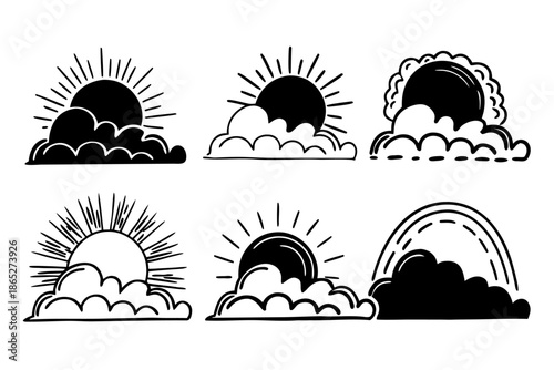 Hand Drawn Sun and Cloud Doodle Icons Set