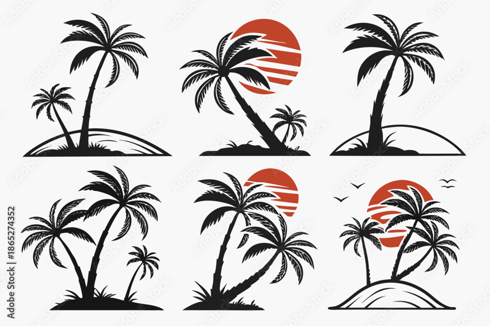 Fototapeta premium Tropical Palm Tree Silhouettes Collection with Sunset and Island Designs