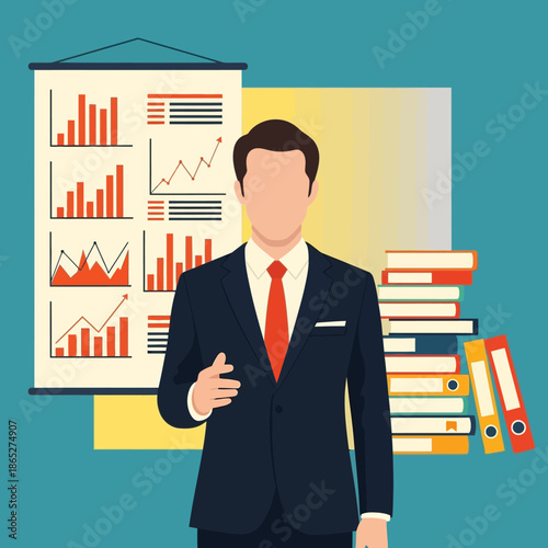 Professional businessman in a dark suit with a red tie presents financial growth charts beside a stack of organized office binders and books.