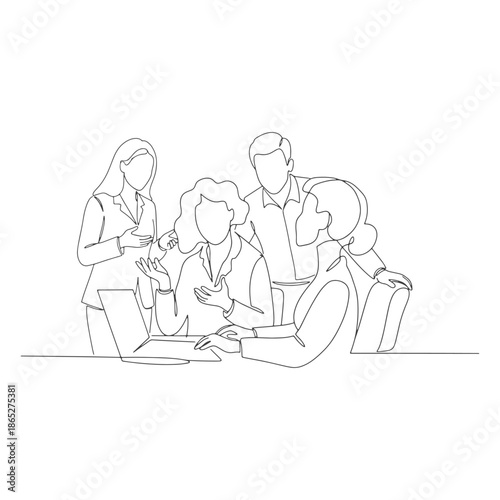 Group of business man and women discussing together, digital business idea, one line art illustrution