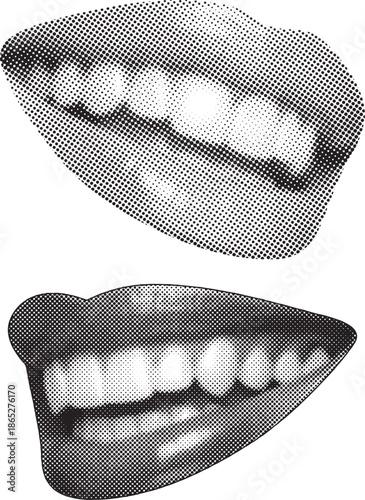 Woman lips smiling as retro halftone collage elements. Mouth in scream in halftone texture, dotted pop art style vector illustration