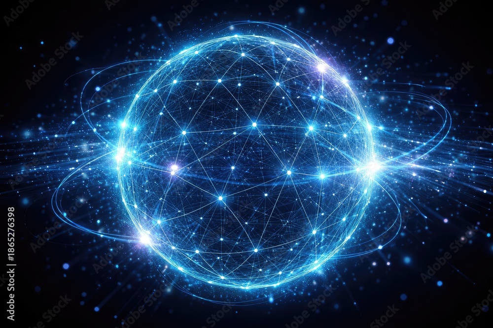 Naklejka premium Futuristic wireframe sphere enhanced by bright particles illustrating digital links