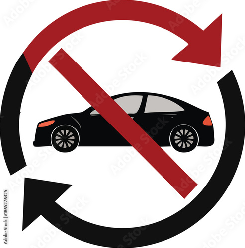 Conceptual icon of a car with a red prohibition slash inside circular arrows, symbolizing car-free zones, traffic bans, and sustainable urban transport