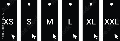 Clothing size selection icons from XS to XXL with cursor pointers, minimalist black interface for fashion ecommerce and user experience design