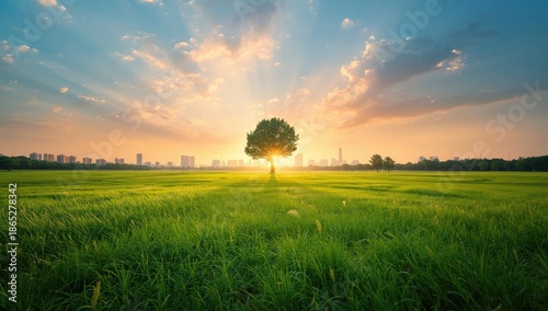Lush grassy area with city skyline, urban park setting for outdoor activities