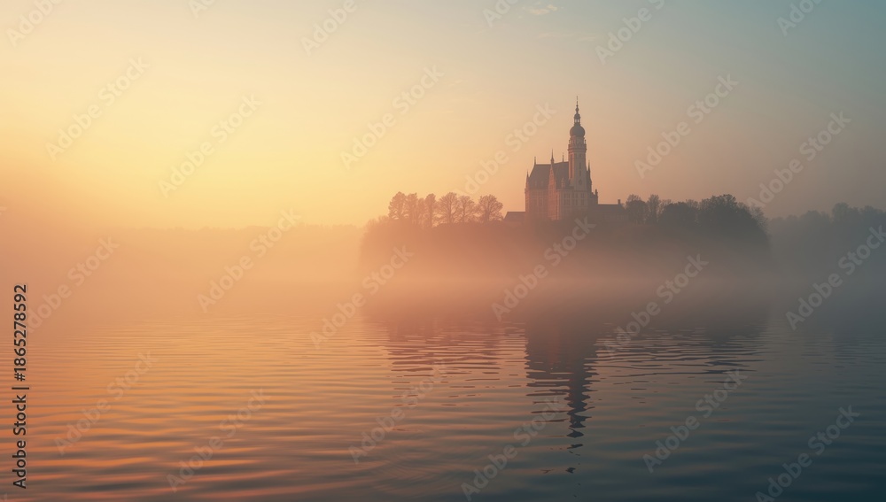 Naklejka premium Historic castle silhouette against a foggy lake at sunrise, focusing on architectural preservation at dawn