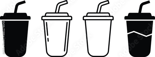 Disposable takeaway drink cup icons set with straw, minimal black outline and solid styles for beverage, cafe, and packaging design