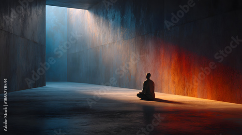 Person meditating near wall with subtle light gradients 