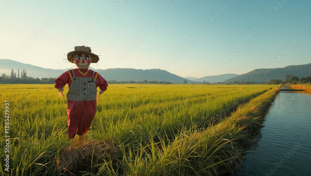 Fototapeta premium Farm scarecrow crafted from straw positioned to ward off birds from rice crops, highlighting pest control methods