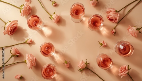 Rose wine served in glasses with floral accents on a beige backdrop, ideal for a celebration setting