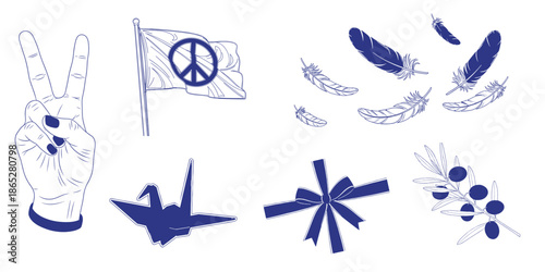 Peace symbols including hand gesture, flag, and crane in blue  