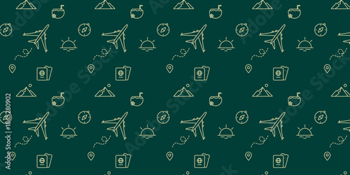 Travel seamless pattern line icons – modern minimal vector outline tourism elements