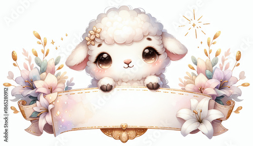 Charming Easter lamb with sparkling eyes, surrounded by soft flowers and scroll ribbon..Use for springtime campaigns, Easter brunch flyers, or baby product labels.