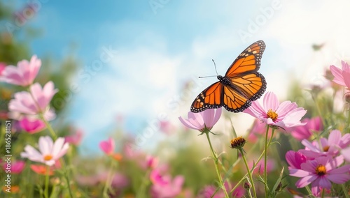 Butterfly perched on cosmos flowers, illustrating natural insect-plant interaction in a garden setting